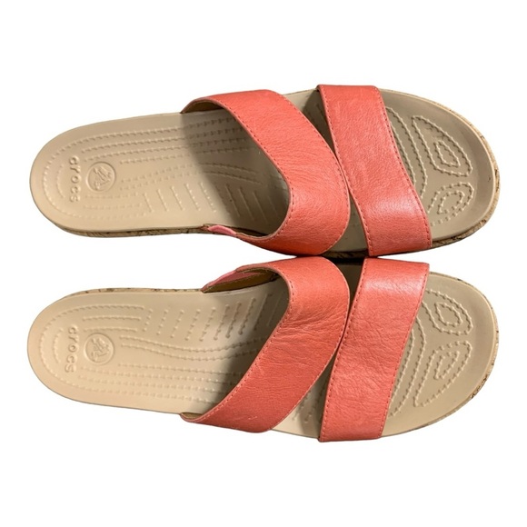 Crocs A-Leigh Women’s 8 Coral Leather Cork Wedge Slip-on Sandals  16205 - Picture 4 of 12